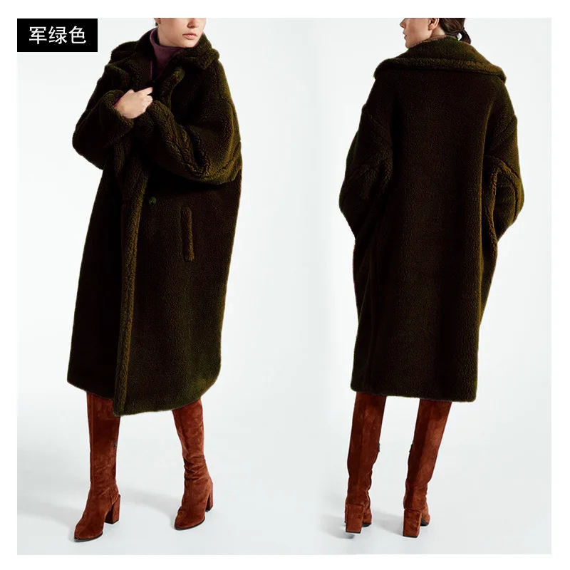 Пальто зимнее подиумное дизайнерское толстое теплое длинное пальто из овечьего меха для женщин с плюшевым мишкой из овечьего меха Свободная верхняя одежда куртка длинное меховое пальто