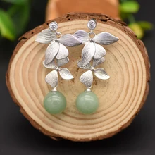 GLSEEVO Natural Aventurine Quartz Leaf Drop Earrings For Women Silver Piercing Dangle Earrings Brincos Para As Mulheres GE0092C