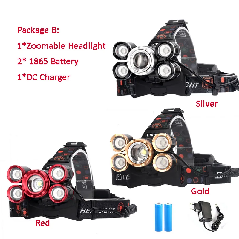 50000LM ультра яркий налобный фонарь 5 светодиодный перезаряжаемый зум светодиодный фара, светодиодная фара Головной фонарь рыболовное использование 18650 батарея - Испускаемый цвет: B