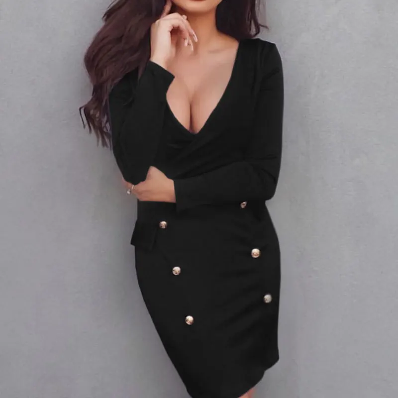 

Dynamic Ladies OL Office Work Women Dresses 2018 Elegant Red Bodycon Buttons Vestidos Fashion Sexy V Neck Long Sleeve Dress