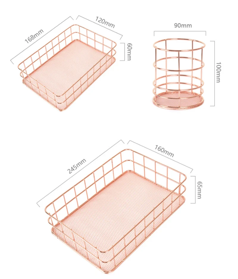 Скандинавская корзина для хранения из розового золота и металлической проволоки для офисного рабочего стола, держатель для кистей для макияжа, настольный органайзер для косметики, железная корзина