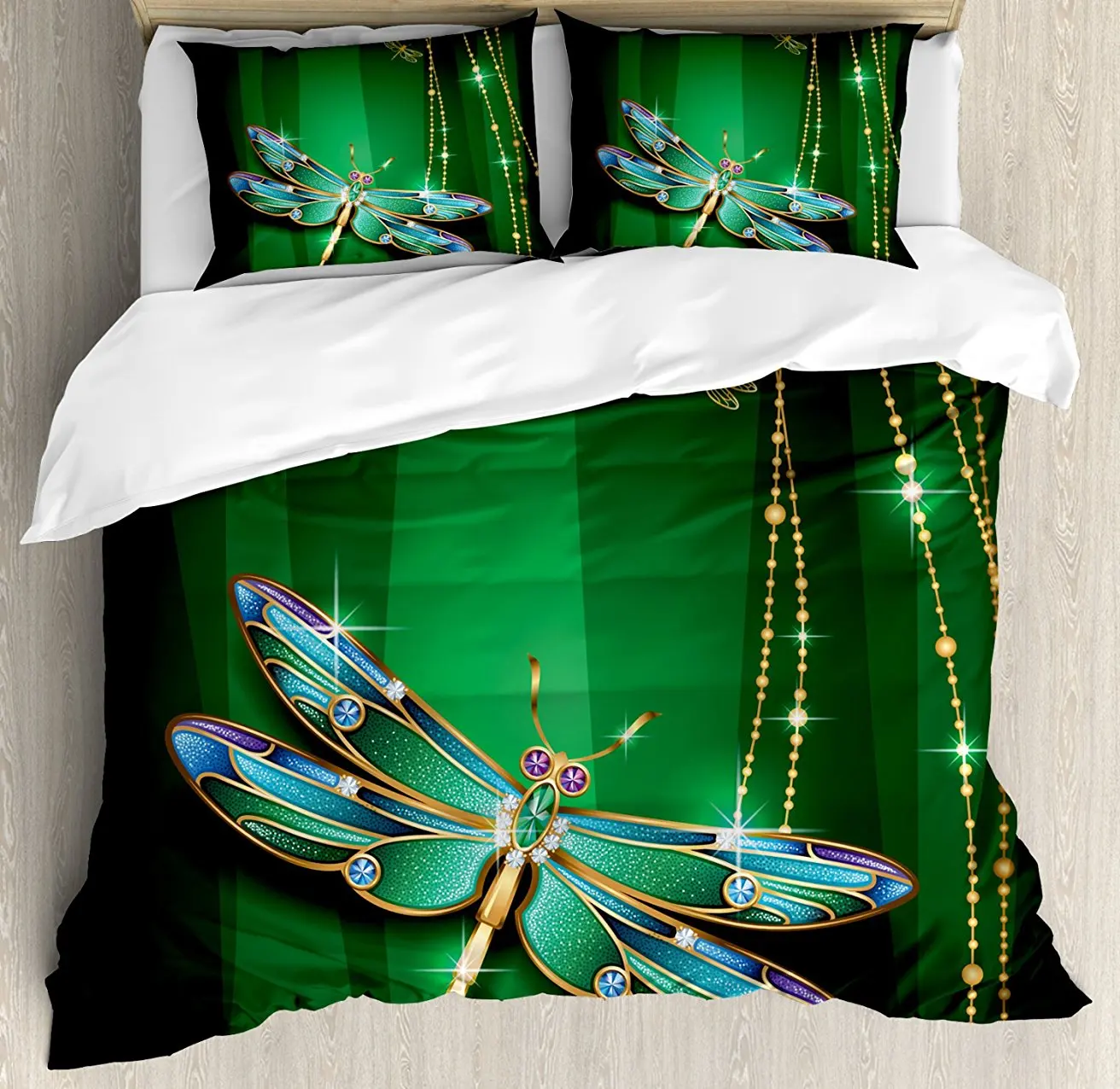 

Dragonfly Duvet Cover Set , Elegance Vivid Figures in Gemstone Crystal Diamond Featured Artsy Effects, 4 Piece Bedding Set