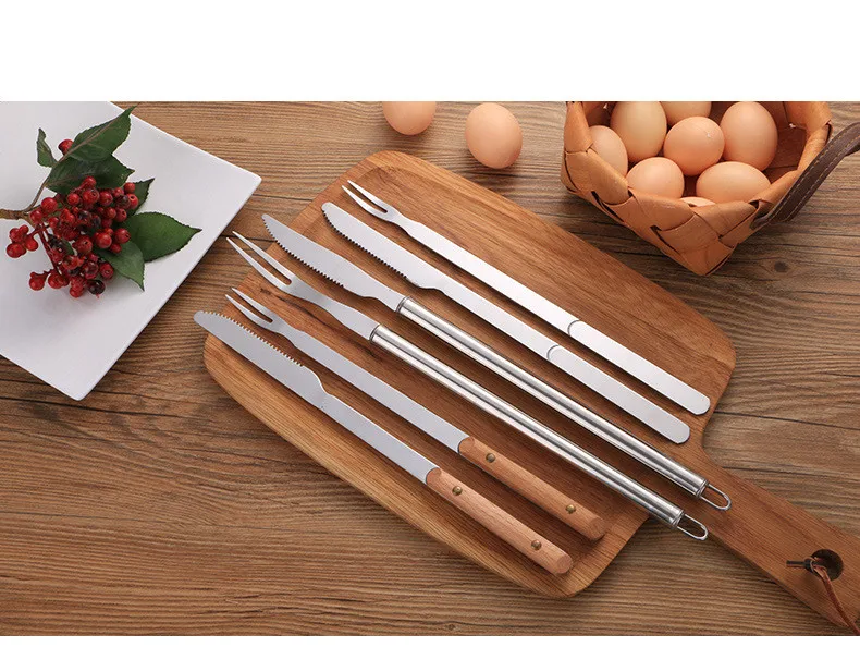 2pcs/set Stainless Steel BBQ Long Handle Knife Fork Camping Barbecue Steak Knife Grilling