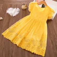 Детские платья для девочек с вышитыми цветами; кружевное Сетчатое Повседневное платье принцессы; желтые летние платья без рукавов для маленьких девочек; От 2 до 7 лет