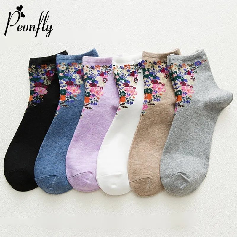 

PEONFLY Autumn Woman Fashion Originality Personality Printing Vintage Flowers Socks Casual Ventilation Cotton Short Socks Female