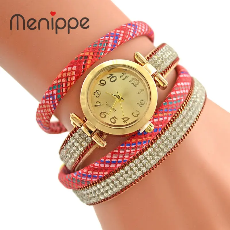 

2017 new high quality leather set auger three coil winding lady bracelet watch gold magnet clasp dial women watch