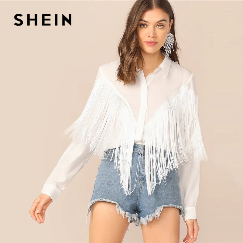 Prix SHEIN Chevron frange garniture femmes chemises dames hauts 2019 à manches longues Placket printemps été blanc Blouse décontracté solide chemise