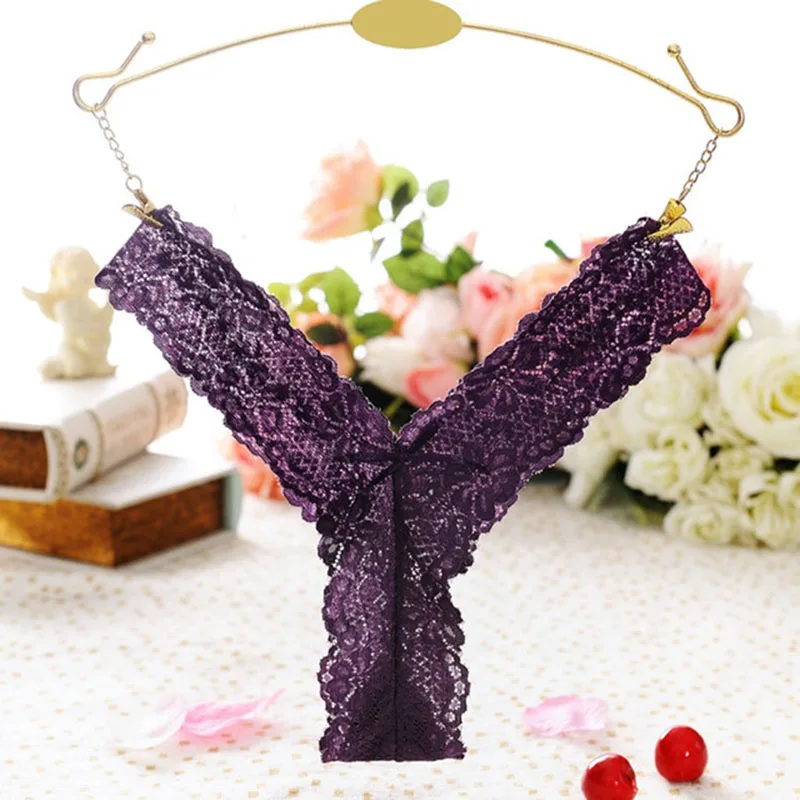 

KL213 Ladies Underwear Lace Thongs Sexy Low-Rise String Tanga Bow Transparent Panties Trendy Design Black Blue Purple Red White