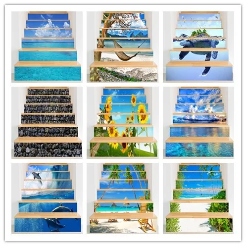 

3D Effect Beach Seaside Scenary Stair Sticker Removable Vinyl Decals Landscape Wallpaper Modern Living Room Home Decoration