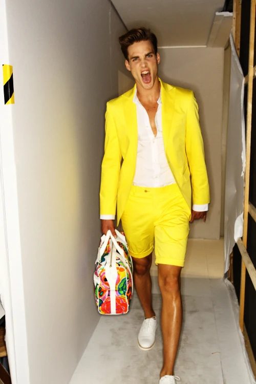 Bright Yellow Short Pants Style Men Suits 2017 Summer New Peak Lapel