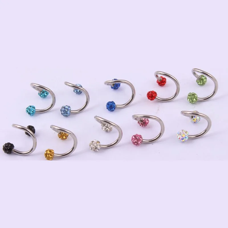 

10 Colors Hot 1Pc Lady Punk Stainless Steel S Twist Rhinestones Earring Body Piercing Jewelry 3.5mm
