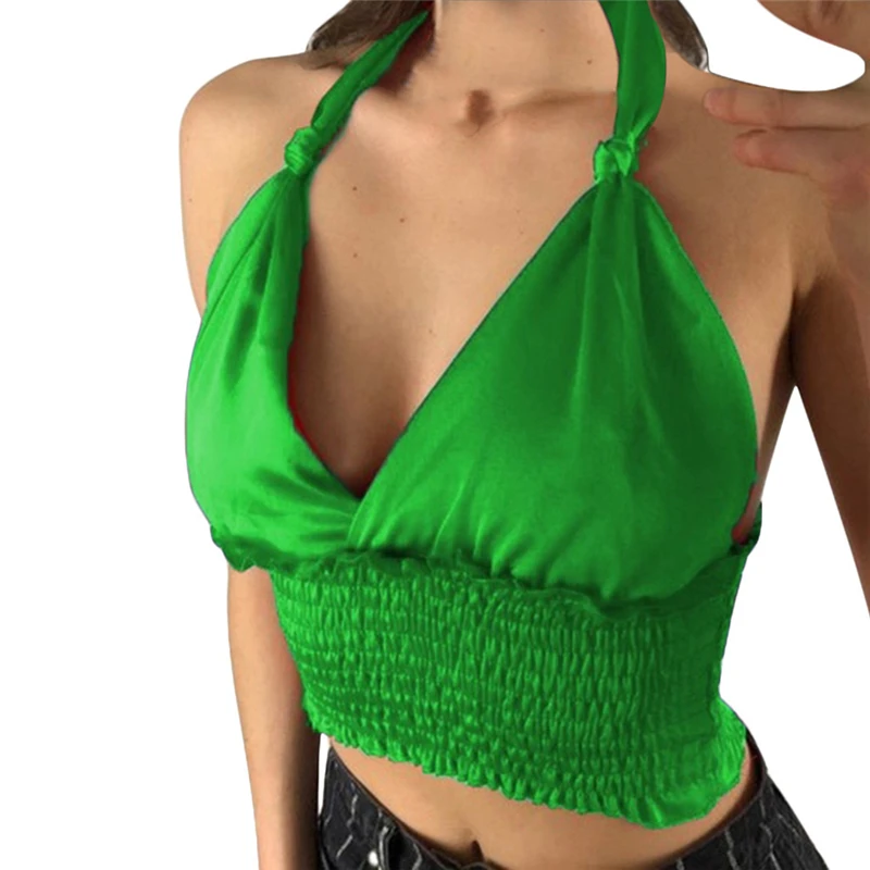 

New Sexy Women's Strap Backless Crop Tops Halter Neck Sleeveless Tank Tops Ladies Shrinkage Pleated Tops Club Party Wear Summer