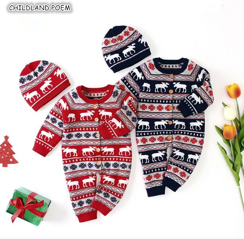 Christmas Baby Romper Deer Knitted Baby Clothes Newborn Baby Boy Girl Clothes Costume Cotton Infant Baby Jumpsuit With Hat