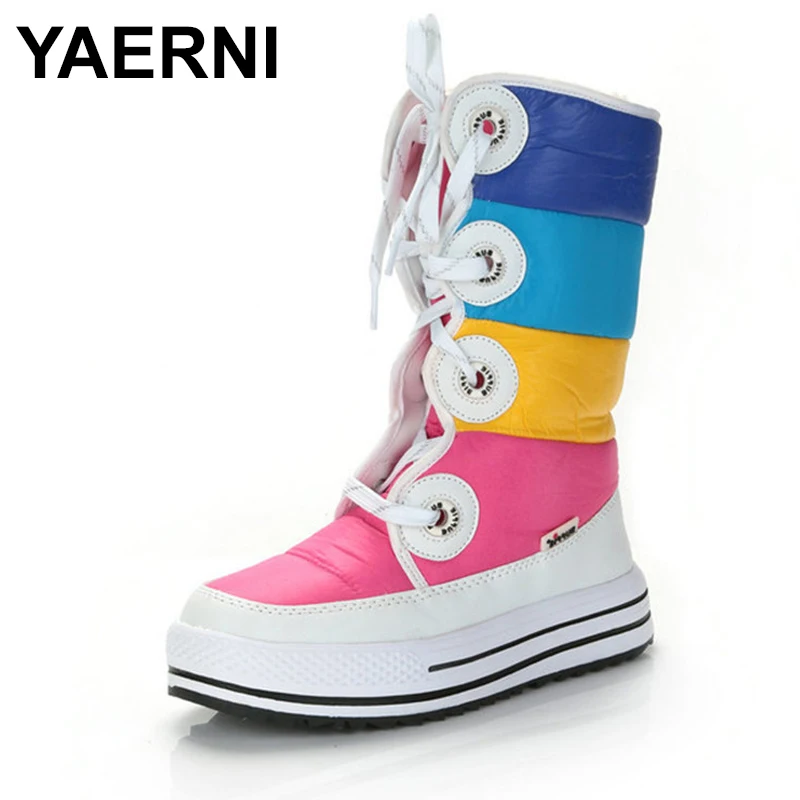 

YAERNI Women Snow Boots Wedges Heel Lace Up Round Toe Women Boots Female Shoes Winter Boots Waterproof Platforms Shoes E419