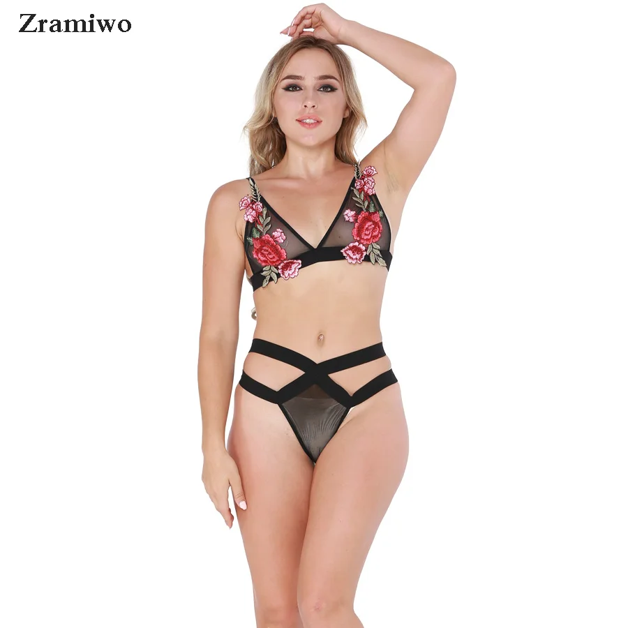 

Zramiwo Womens Bra Brief Sets Floral Mesh Unlined Bralette High Waist Cut Out Panties Sexy Underwear Set