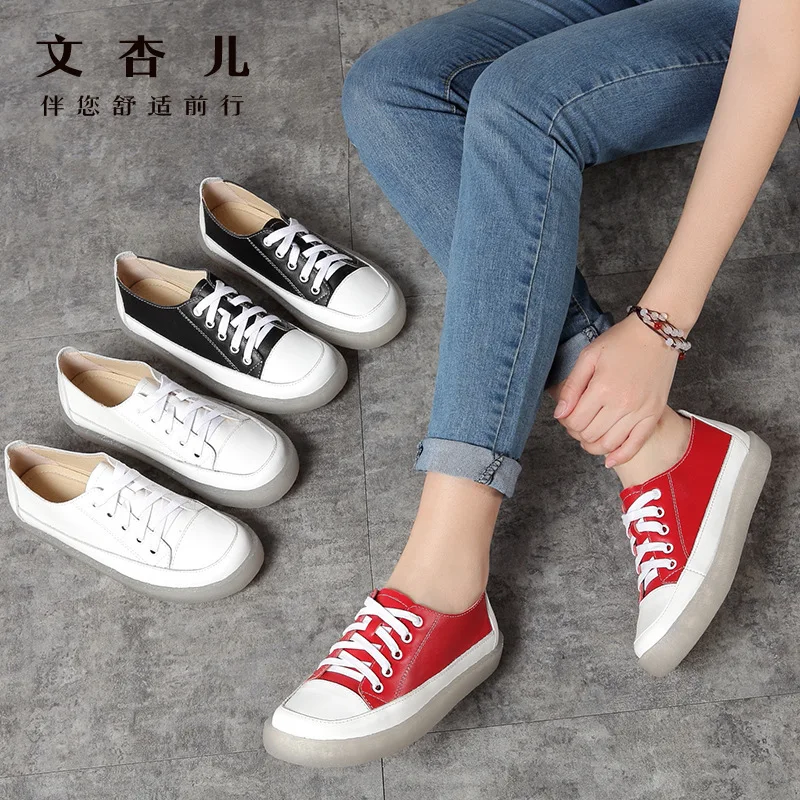 

Women's Vulcanize Shoes Lace Up Casual Shoes Cross strap Color matching Genuine Leather women flats Footwear Walking Shoes