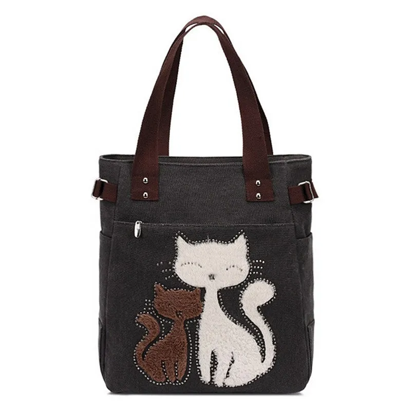 Милая парусиновая сумка с милым котом для девушек, Женская Повседневная сумка большой емкости, женская переносная однотонная сумка на плечо на молнии, Bolsos S1798 - Цвет: Черный