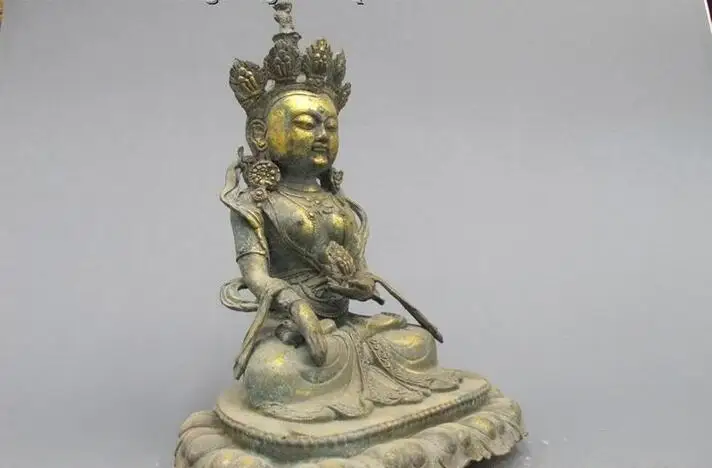 

13"Tibet Buddhism bronze gild carve Five-leaf hat crown Kwan-Yin Buddha statue