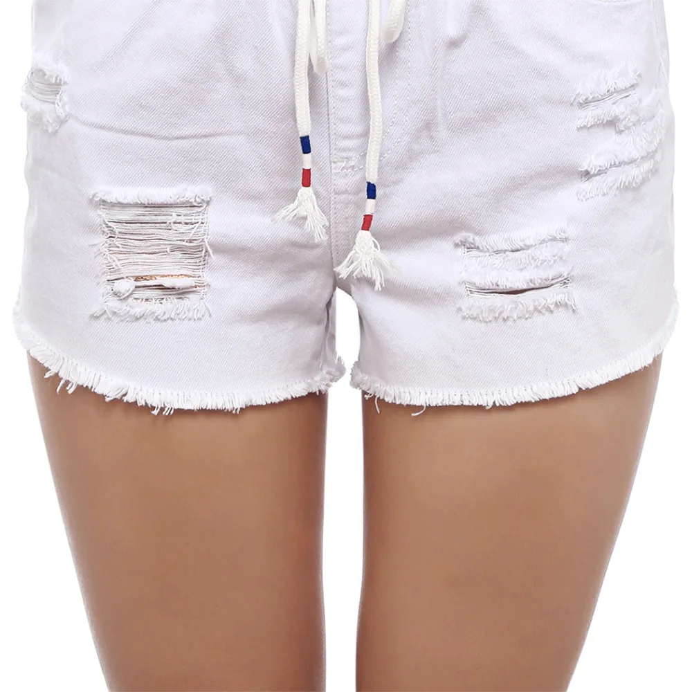 Для женщин белые джинсовые шорты с отверстием и карманные дамы короткие брюки резиновый строка эластичная лента чистого 2017 мода новый