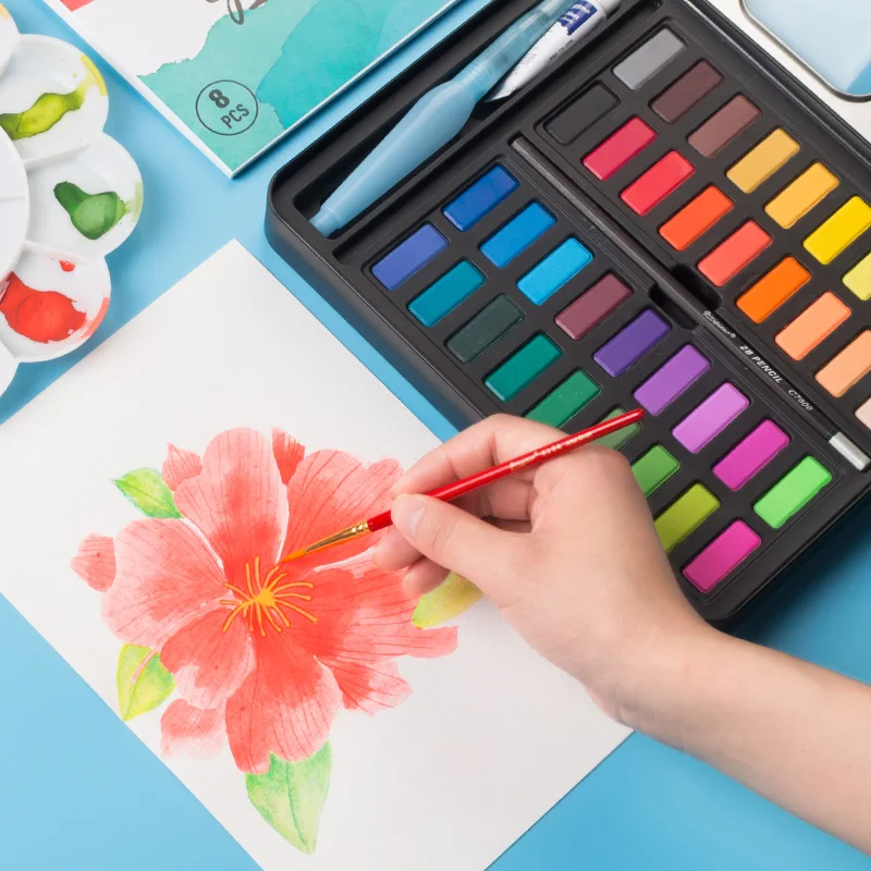 

YDNZC Superior Portable Professional Solid Watercolor Paint Set Paintbrush Bright Color Painting Pigment Set Art Supplies