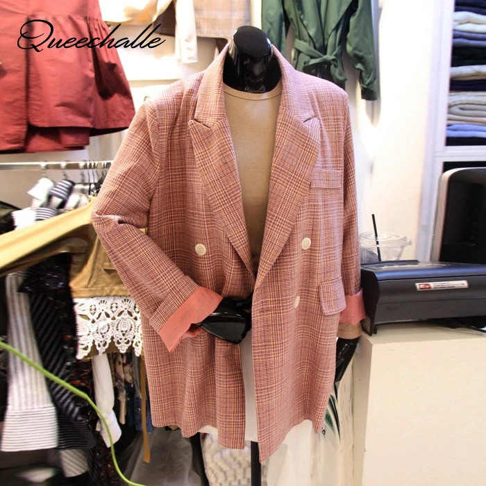 

S - XXL Pink Color Women Blazer Spring Autumn Notched Collar Office Lady Formal Blazer Coat Long Sleeve Loose Plaid Suit Jacket