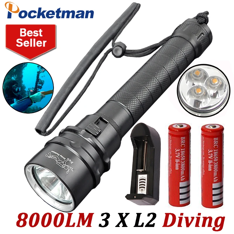 

8000LM LED Scuba Diving Flashlight XM-L L2 Diver Lamp Torch Waterproof LED Lantern with 18650 battery X2 and charger