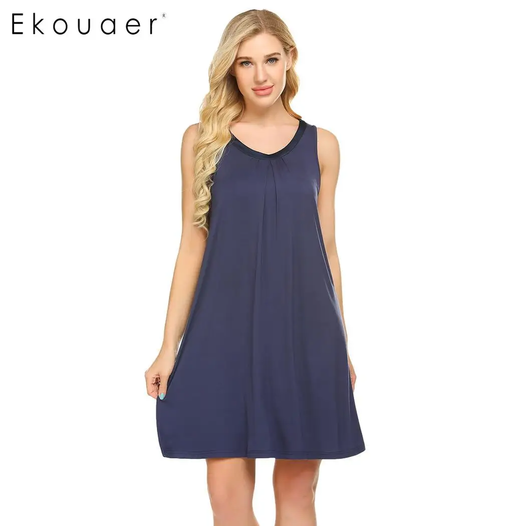 

Ekouaer Women Nighty Sleepshirt Casual Nightgown Solid O Neck Sleeveless Soft Nightdress Ladies Night Dress Sleepwear