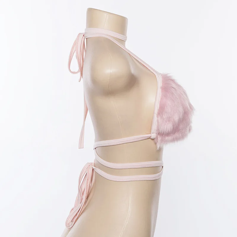 Pink Fluffy Faux Fur Camis Sexy Halter Bra Crop Top Women Backless Bandage Bralette Camisole 2019 Autumn Party Top Clubwear