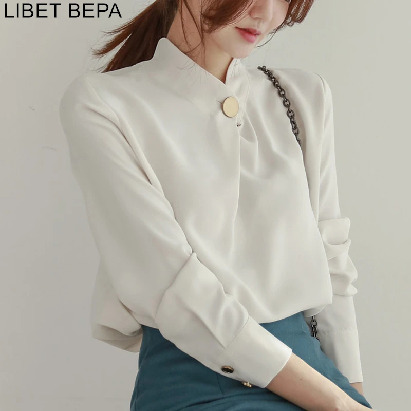 

New 2018 Spring Summer Women Asymmetric Shirts Office Lady Casual Fashion Bottom Loose Ladies Tops Stand Collar Blouse ST3061-1