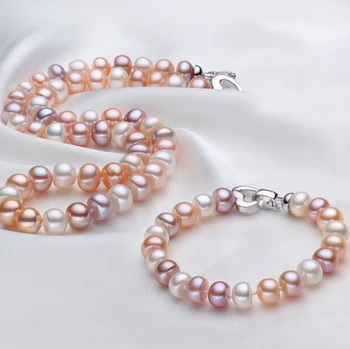 

[MeiBaPJ]8-9mm Natural Freshwater Pearl Beads Jewelry Set With 925 Sterling Silver Clasp Women's Birthday Gift Wedding Jewelry