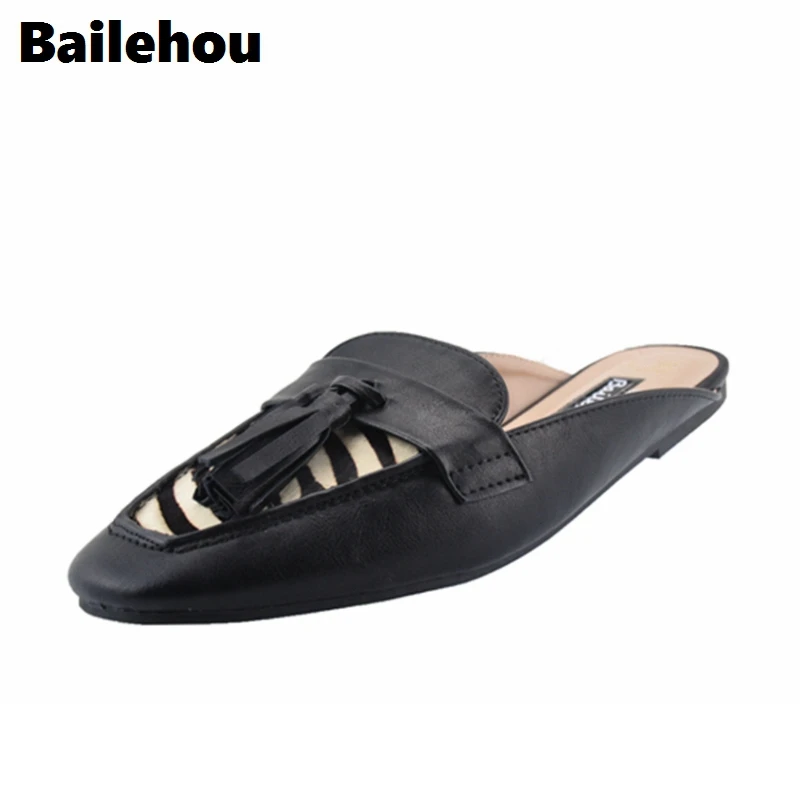 

Bailehou New Women Flats Slippers Slip On Moccasins Women Flat Mules Horsehair Women Shoes Mixed Colors Retro British Loafers
