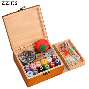 

Multifunction Wood Box Sewing Kit Needle Tape Scissor Threads Sewing Box For Home & Travelling