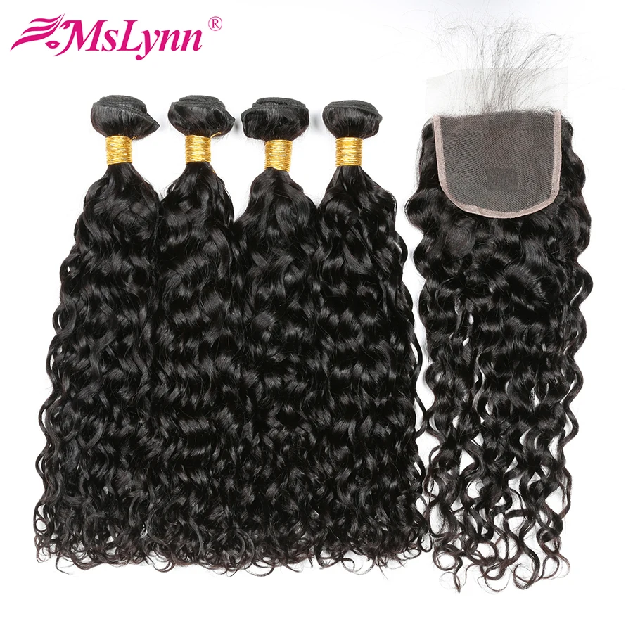 altHuman Hair Bundles With Closure Brazilian Hair Water Wave 4 Bundles With Closure Non Remy Hair Extension Mslynn Human Hair 5PCS