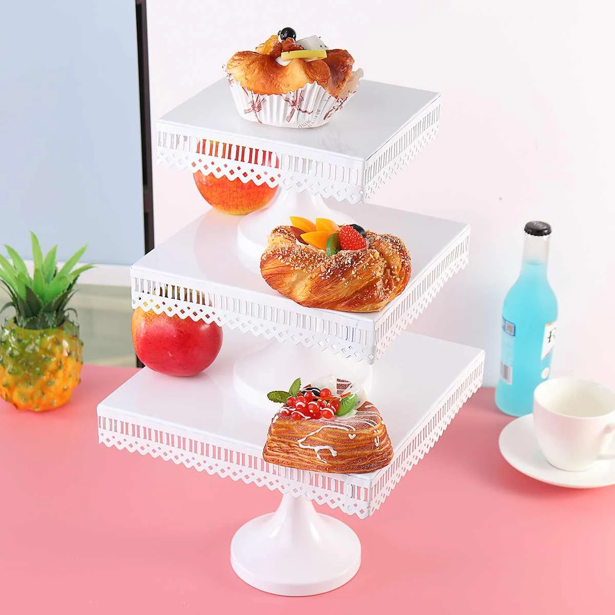 

3 Sizes Metal Wedding Cake Stand White Square Cupcake Christmas Wedding Home Decoration Cake Display Lace Stands Bakeware Tools