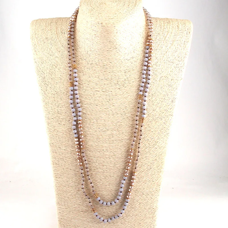 Women Necklace Fashion 6mm Glass Knotted Metal Spacer Multi Crystal Necklace