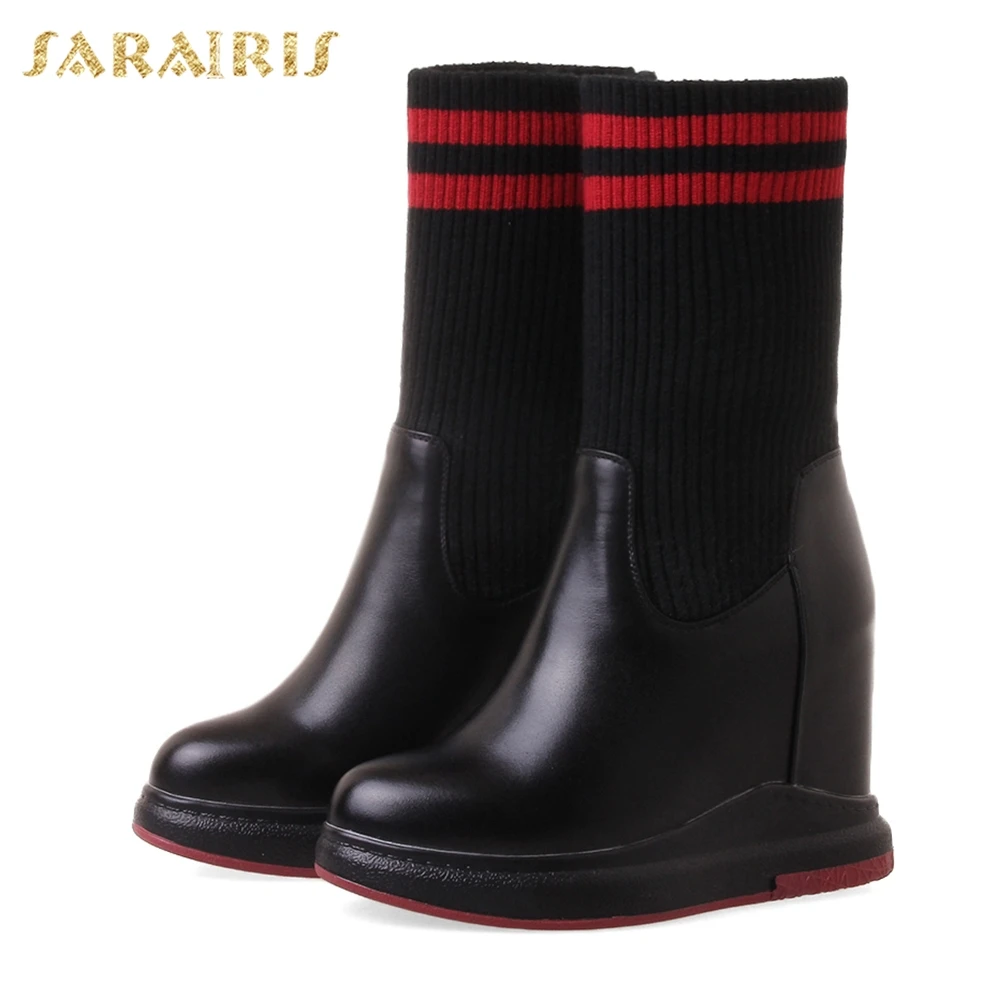 

SARAIRIS 2018 Large Size 32-40 Genuine Leather Height Increasing Brand Shoes Woman Mid Calf Boots Autumn Winter Shoes Woman
