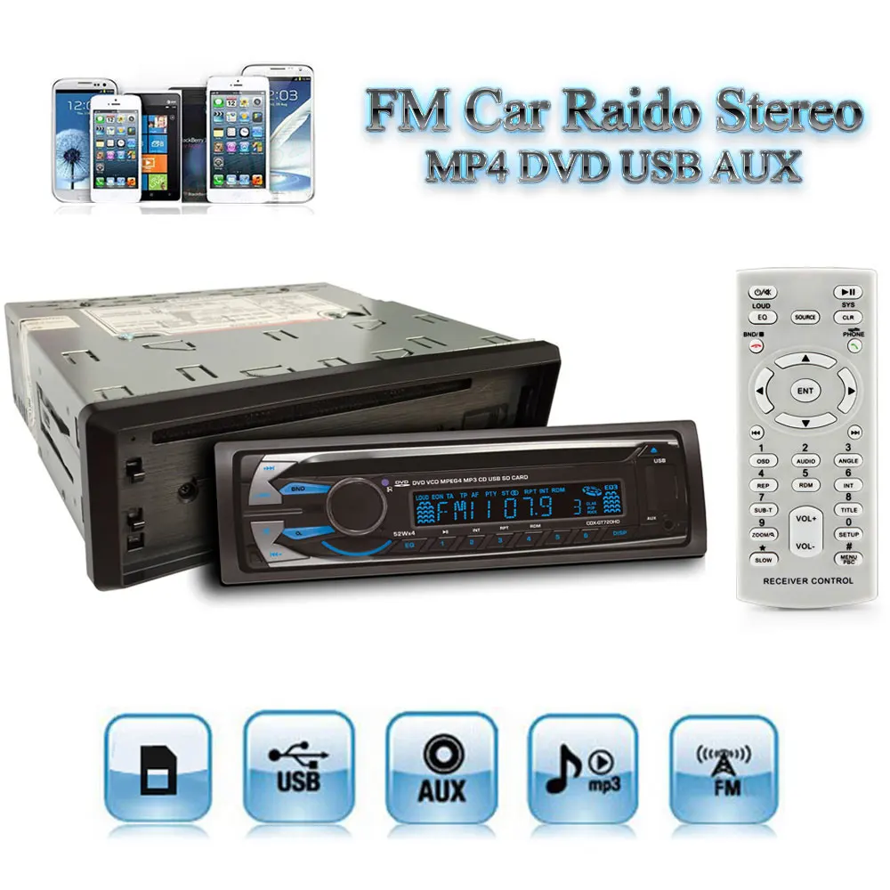  12V Auto Car Radio Stereo Audio Player FM MP3 MP5 DVD CD SD USB AUX with 7 Background Lights / Clock + Remote Control 