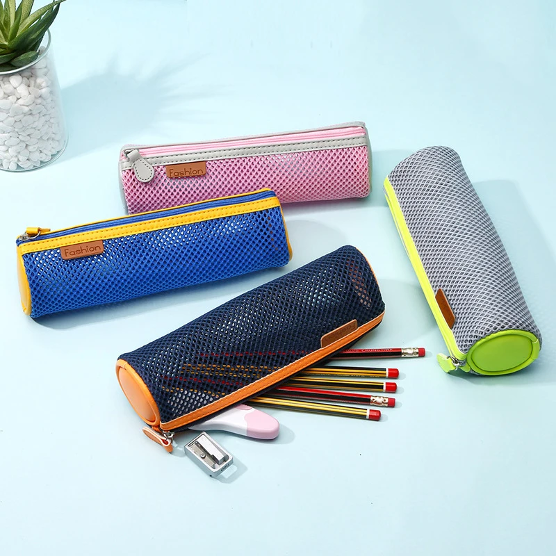 

Black Transparent Grid Pencil Case Multifunction Cylinder Pen Box for School Supply Solid Color Leather Cosmetic Bag Stationery