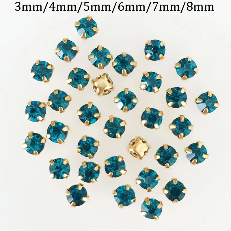 

peacock blue color glass loose rhinestones,sew on rhinestone with gold claw use for DIY accessories