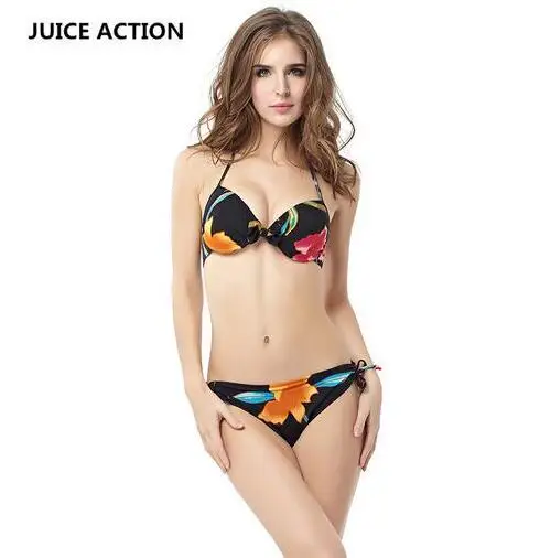 JUICE ACTION Womens Summer plus size Halter Flower Bikini Stylish Black Swimwear Swimsuit Wear