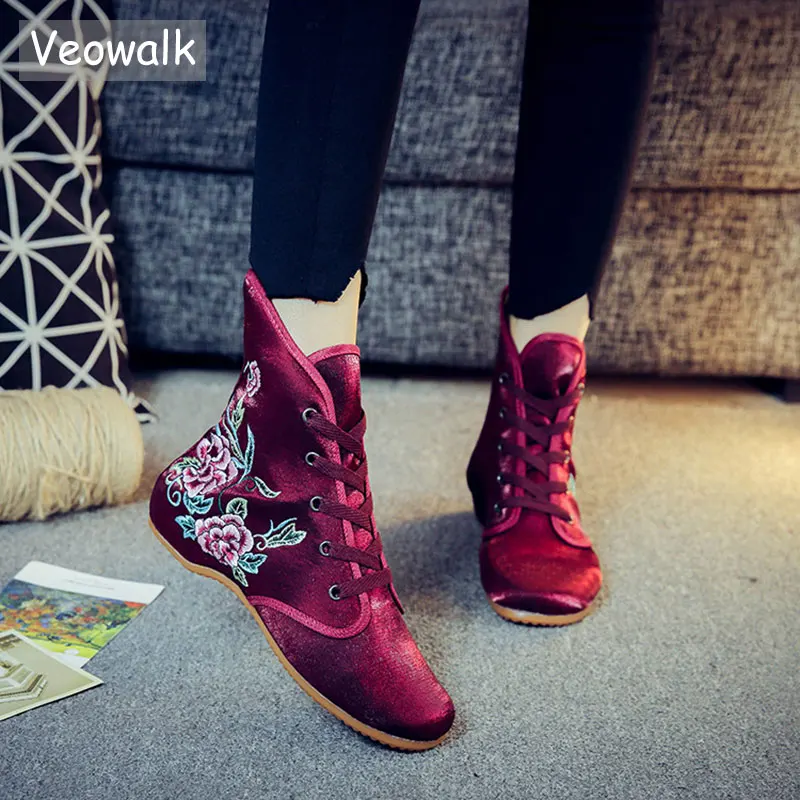 Женские бархатные ботильоны Veowalk с цветочной вышивкой из хлопчатобумажной ткани