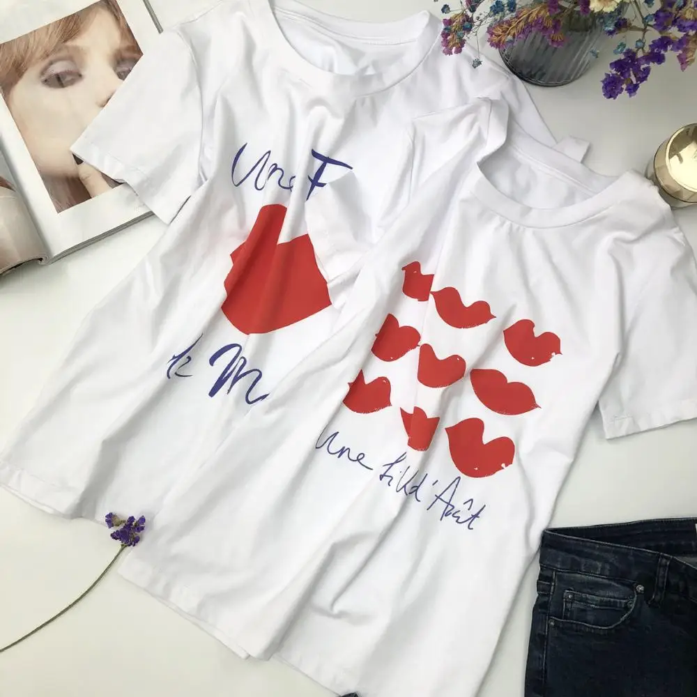

Women/Ladies Cotton 100% Letter & Red lip Printed T Shirt - Fall 2019 New Female White Month Letter Short Sleeve Print Tees Top