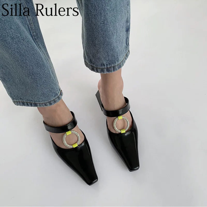 

2019 new spring rhinestone chunky heel slippers woman square toe outside closed toe half slippers women mules runway shoes woman