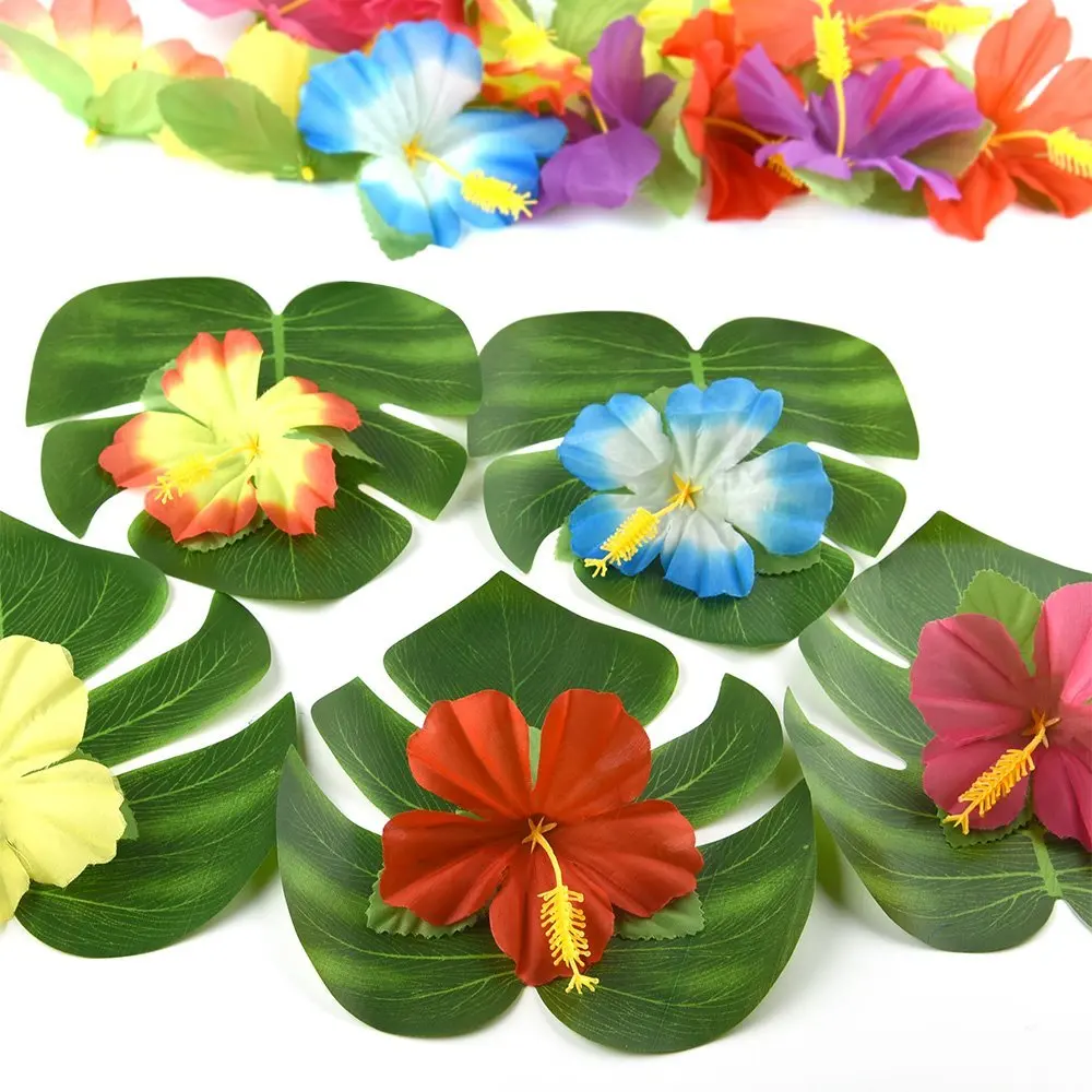 

60 Pcs Tropical Party Decoration Supplies 8 inch Tropical Palm Monstera Leaves and Hibiscus Flowers, Simulation Leaf for Hawai