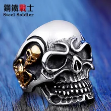 Aço soldado navio da gota 2015 anel de moda anéis de aço inoxidável para o homem grande tripple crânio anel punk biker jóias