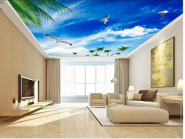 Langit biru desain ceiling seagull 3d mural wallpaper untuk ruang