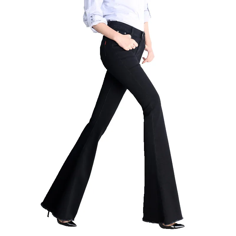 Kcae модные женские джинсы с высокой талией синие и черные Удобные расклешенные брюки - Цвет: Черный