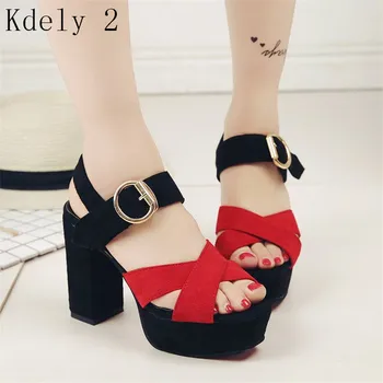 

Summer new women shoes buckle Flock leather heel sandals square heel high heels shoes big size 34-39