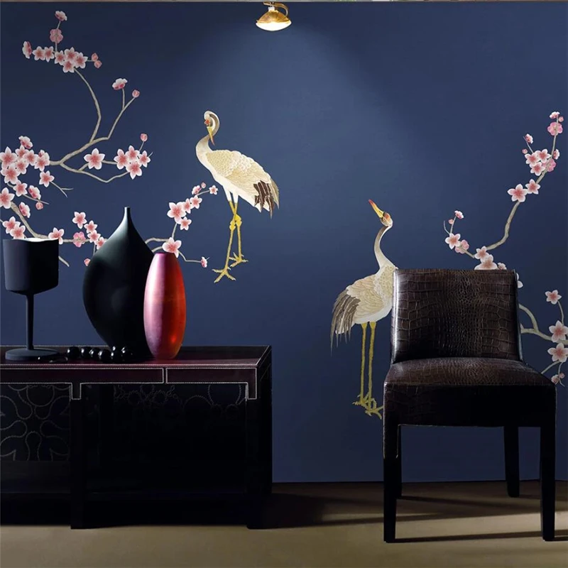 

wellyu Custom wallpaper 3D murals hand-painted new Chinese plum blossoms strokes flowers and birds cranes background wallpaper