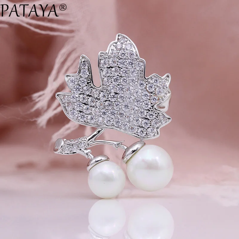 

PATAYA New Irregular Maple Leaf Round Shell Pearl Brooches Women Fashion Jewelry Gift White Gold Natural Zircon Fine Boutonniere
